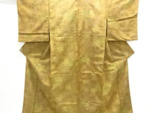 アンティーク　雨縞に葉模様織出し手織り紬着物